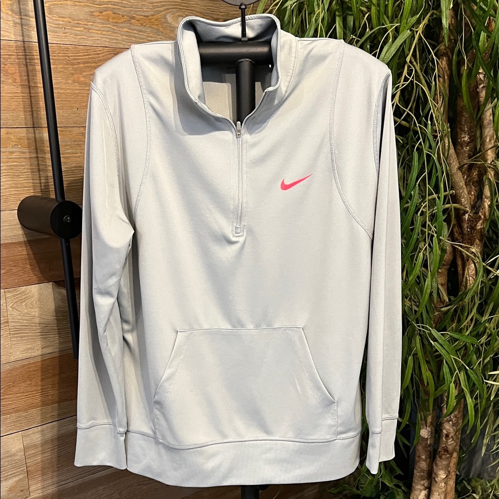 Nike light gray 1/4 zip pullover with kangaroo pocket. Orange logo. XL